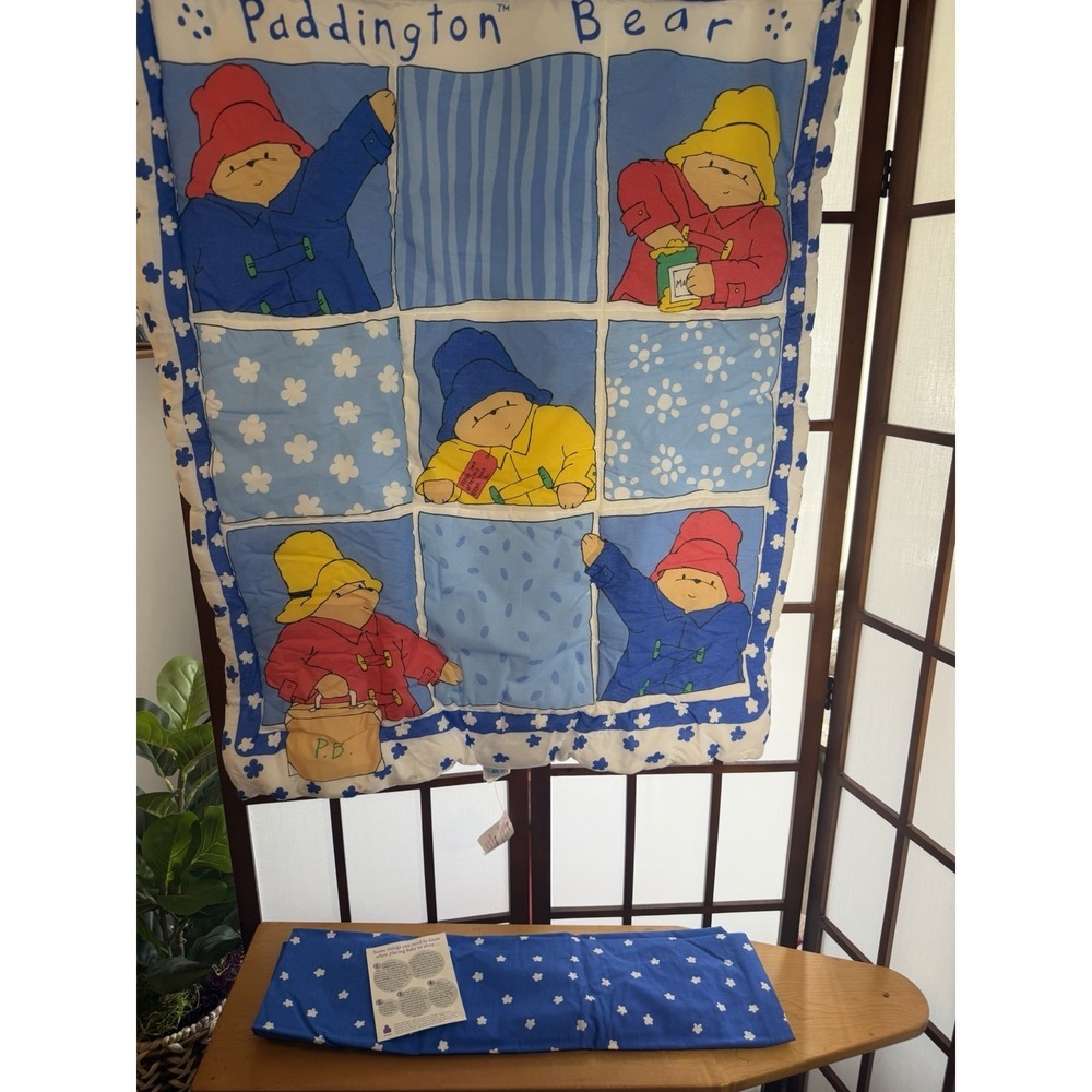 Vtg Paddington Bear Blue Patchwork Bear‎ Baby Blanket & Crib Sheet  NEW!! 32x41